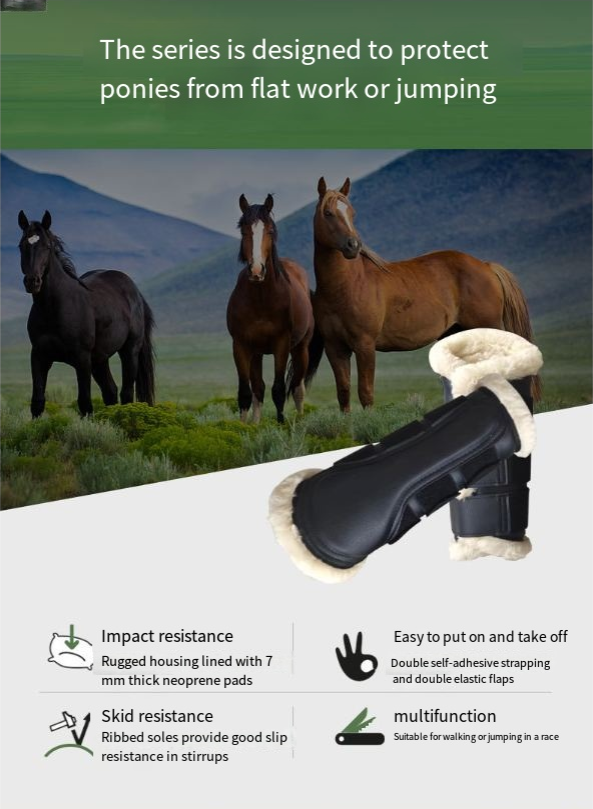 Adjustable Horse Leg Boots Fleeced Leather Equine Guards Mosquito Repellent Wraps Reduced Abrasion Equestrian Gear - Black